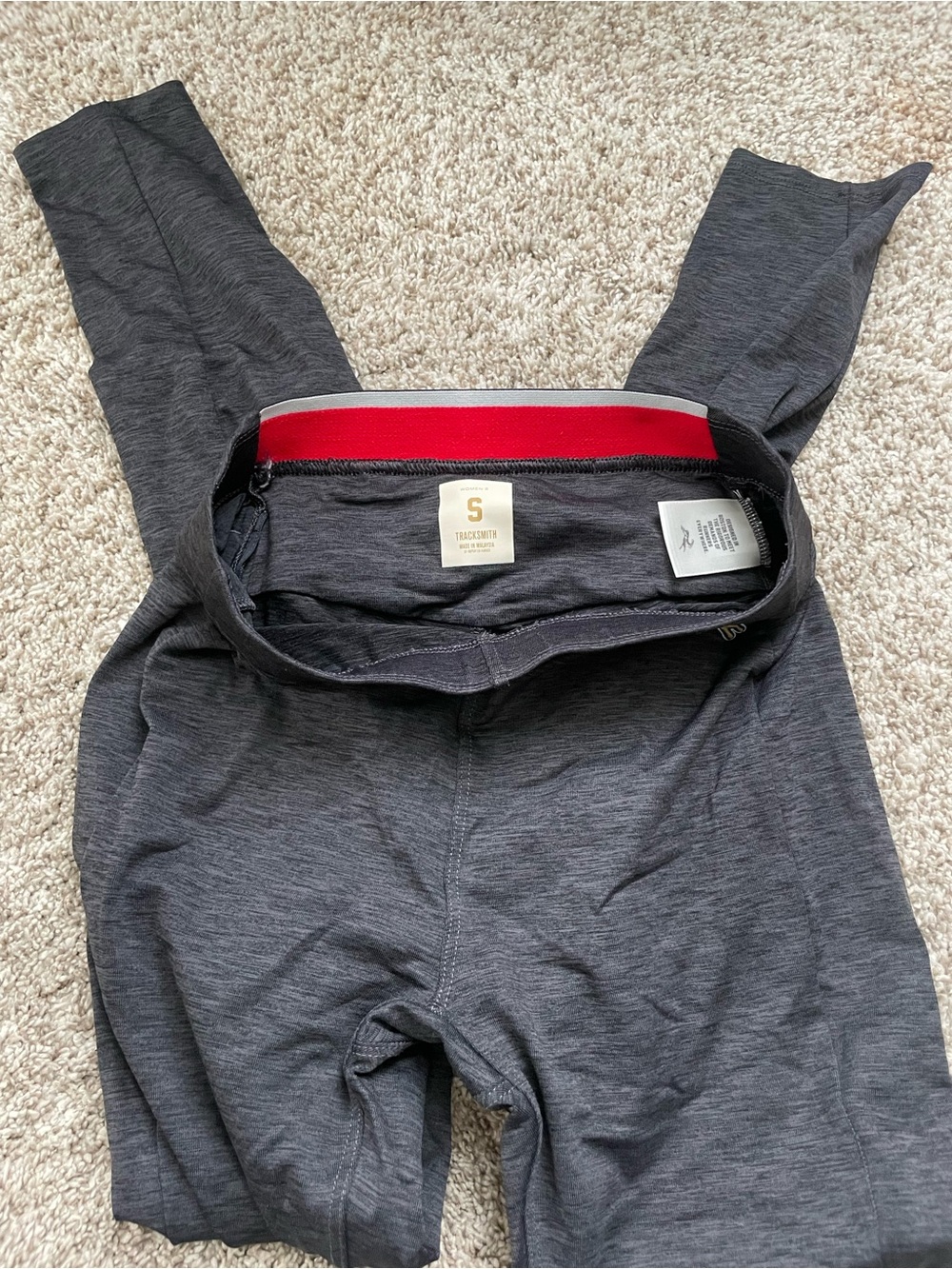 Tracksmith Charcoal Gray Leggings with Red Waistband